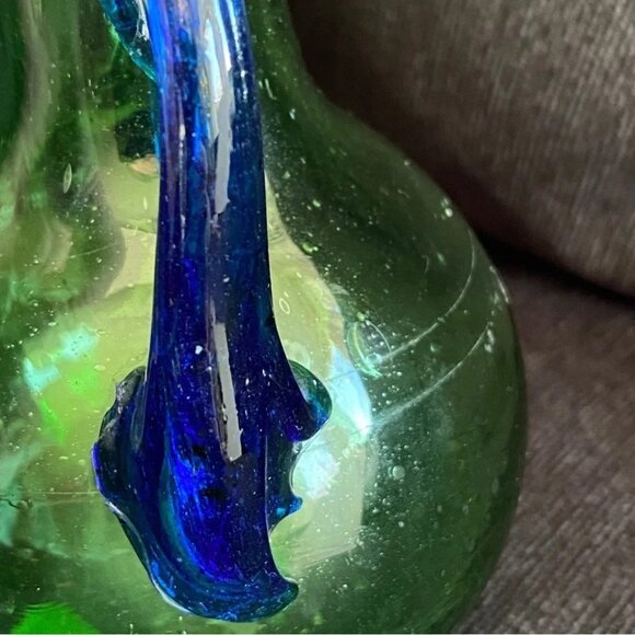 Handblown Artisan Glass Vase Blue and Green 7.25in - Picture 11 of 15